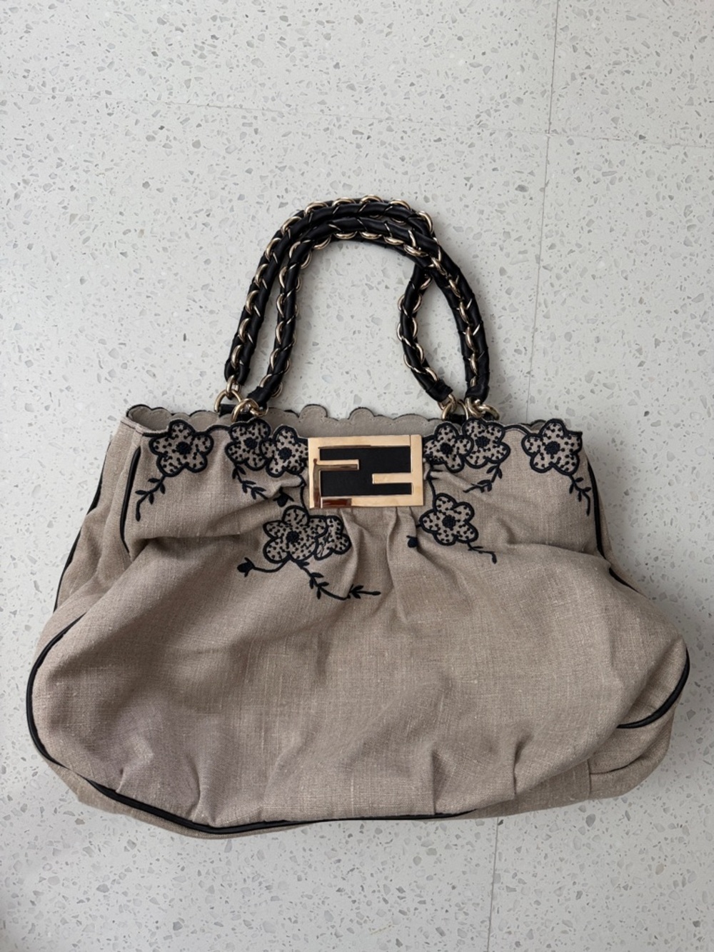 Fendi Beige Shoulder Bag with Black Floral Embroidery and Gold Clasp RARE
